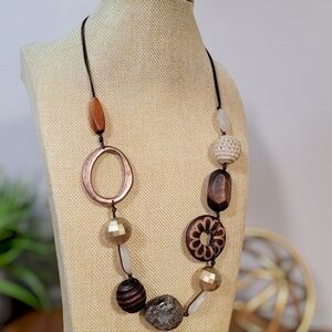 Statement Necklace Wooden Beads Copper Tone Ring Crochet Textured Boho